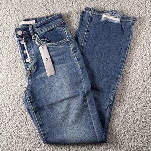 Tractr Button Me Up Bootcut Mid Rise Distressed Dark Blue Jeans Sz 0/25 NWT